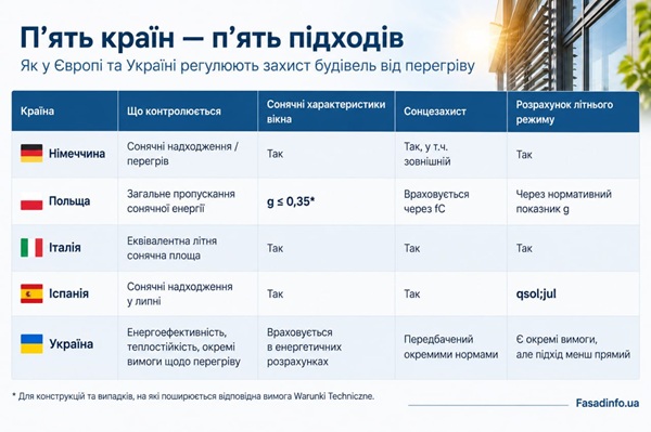 Порівняння підходів до захисту будівель від перегріву в Німеччині, Польщі, Італії, Іспанії та Україні